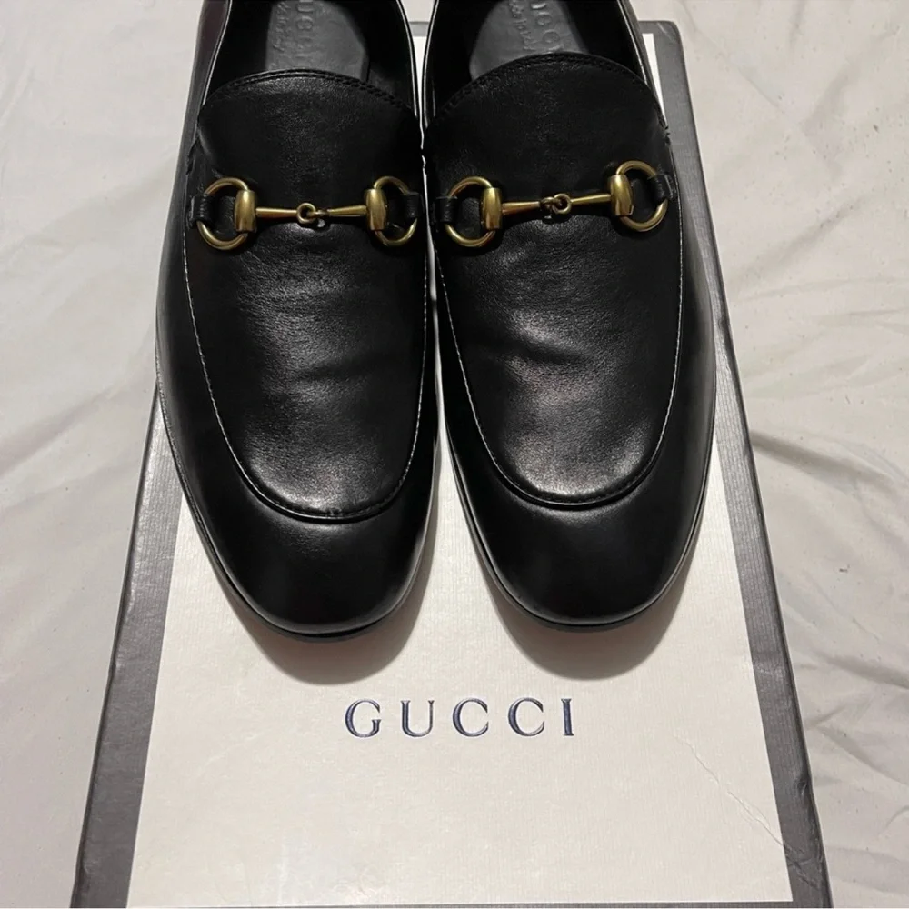 Gucci Black Leather Loafers with Gold Horse-Bit Detailing Sz 10 - Picture 2 of 12